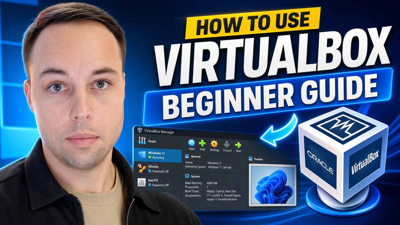VirtualBox Manager with a running Windows 11 virtual machine, beside the title How To Use VirtualBox Beginner Guide