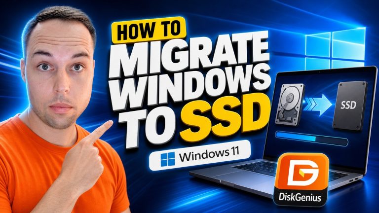 YouTube thumbnail reading How to Migrate Windows to SSD, showing a laptop with a hard drive copying across to an SSD and the DiskGenius logo