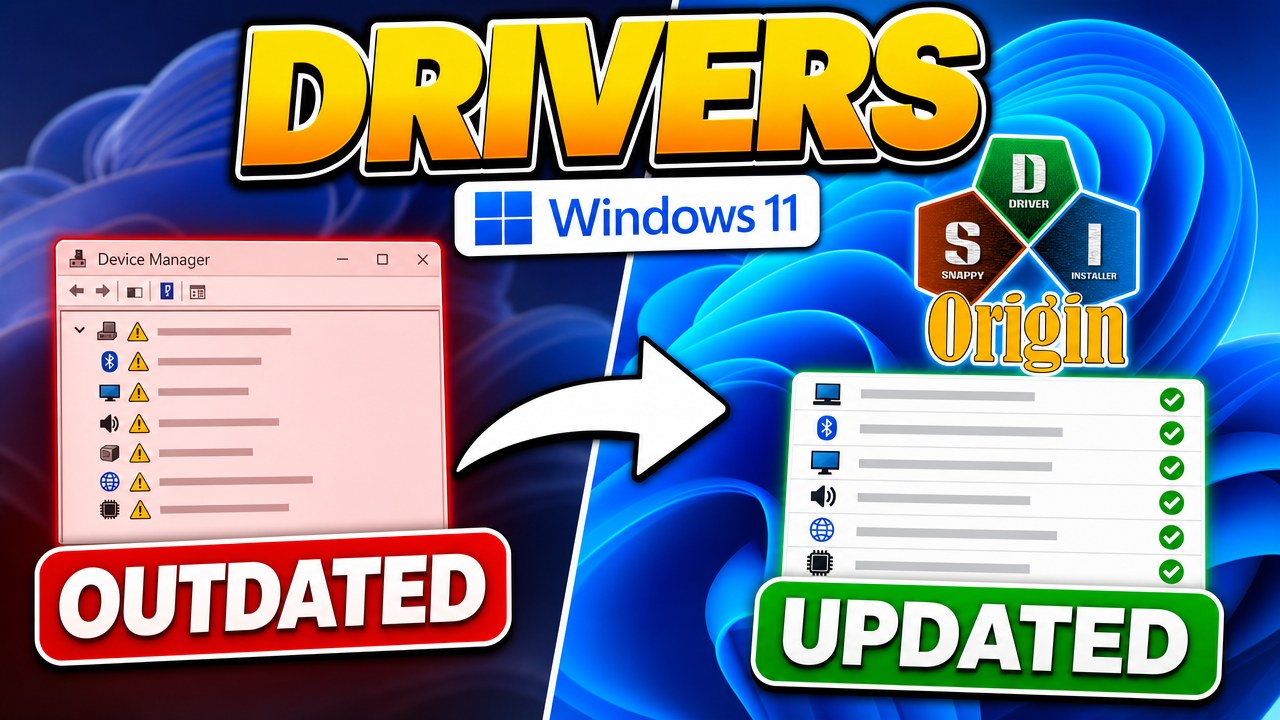 Device Manager with yellow warning triangles on missing drivers, then the same devices installed after Snappy Driver Installer Origin